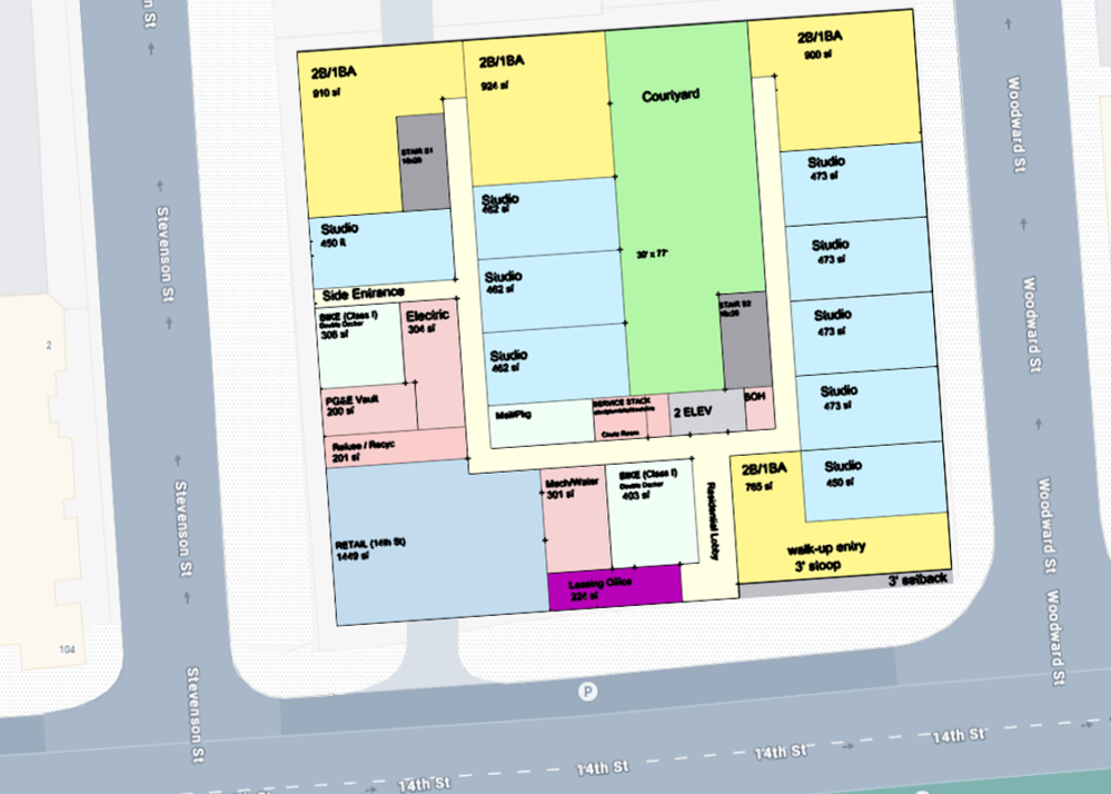 Ground-floor plan for 344 14th Street showing retail, courtyard, studios, and 2BR walk-ups