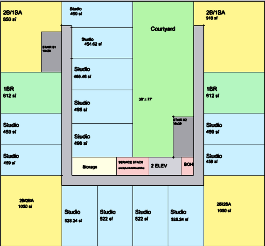 Typical residential floor plan with studios, 1BR, and 2BR units around courtyard