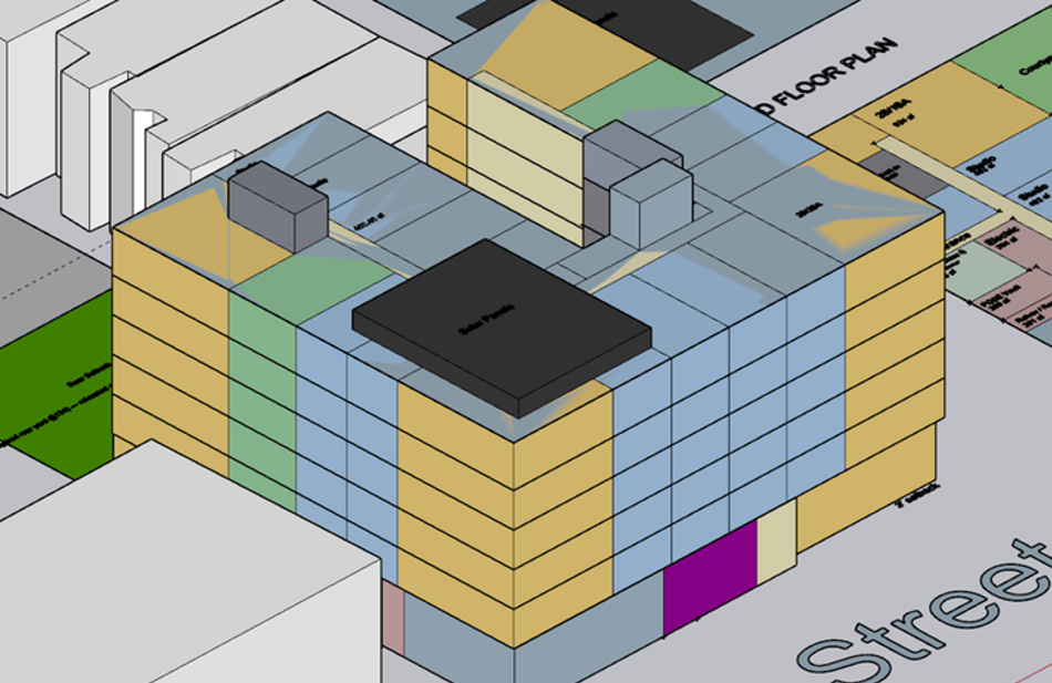 Axonometric massing with color-coded unit types and street frontage