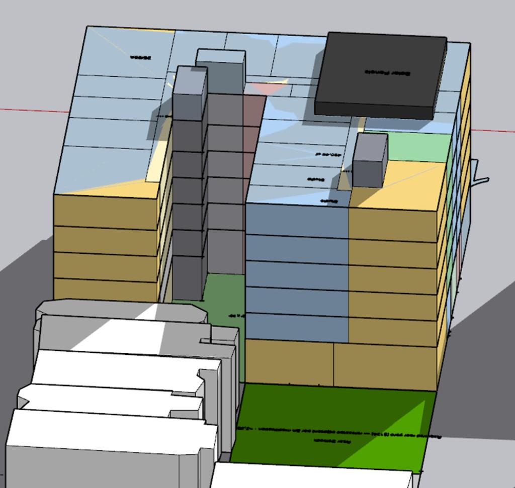 Rear axonometric massing showing rear setback and studio stacks